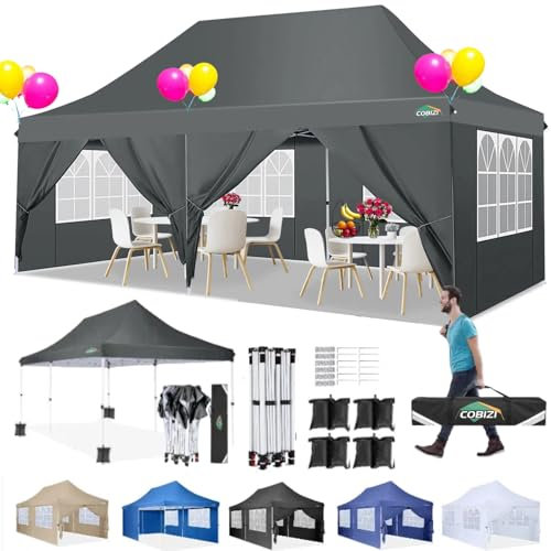 COBIZI Pavillon 3x6,Faltpavillon 3x6 Wasserdicht Stabil, Partyzelt mit 6 Seitenwänden, Upgrade-Hochdach und Tragetasche, Outdoor Pop Up Gartenpavillon für Fest, Hochzeit, Picknick, Markt, UV 50+