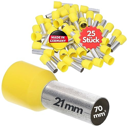 Kalitec 25x AE7021GE Ändhylsor Isolerade 70 mm² - Kabelskor 21 mm Gul | UL-certifierade kabelhylsor i förtent koppar för AWG 2/0, lämpliga för elinstallation, industri och motoranslutning