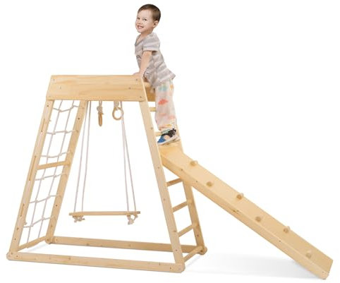 Klettergerüst Indoor,Kleinkinder-Holzspielzeug-Spielset 7in1 mit Klettergerüst, dreieckiger Kletterrampe, Rutsche, Schaukel, Strickleiter, Felswandkuppel kleine,Hochwertige Kiefer