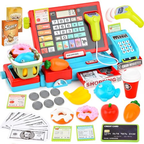 Joygrow Jouet Caisse Enregistreuse,Jouer Supermarché Magasin Jouet avec Une Calculatrice réelle, Scanner, Carte de crédit, Jouer avec de la Nourriture,Jeu de Rôle pour Garçon Fille de 3+ Ans