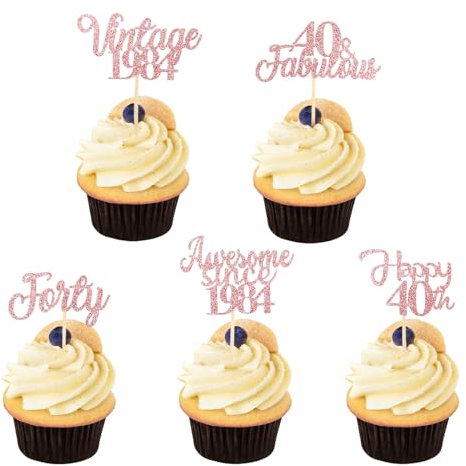 ALEGRE Vintage 1984 Cupcake Toppers Rosegold Tortendeko 40 Geburtstag Frau,25 Stück Awesome Since 1984 Kuchendeko Glitzer Deko 40 Geburtstag,Happy 40th Birthday Muffin Deko Geburtstagsdeko 40