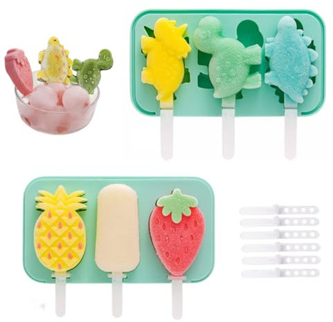 MARUKO 2 Stück Eisformen Eis Am Stiel, Eisformen Silikon, Silikon Eis Am Stiel Eiscreme Cakesicle Formen Kinder DIY Kreative Eisform Bpa Frei Wiederverwendbare mit Deckel (Dinosaurier Obst, Grün)