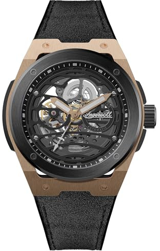 Ingersoll The Springfield 48 mm Automatic Herrenuhr mit schwarzem Skelettziffernblatt und schwarzem PU-Alcantara Armband
