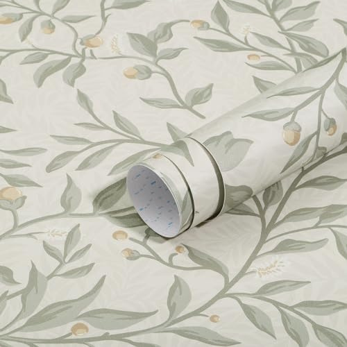 Timeet Klebefolie Möbel Beige Selbstklebende Tapete Grün Blätter Möbelaufkleber 41x1000cm Möbelfolie Selbstklebend Pflanzen Muster Wasserdichte Vinyl Folie für Möbel Küche Schrank