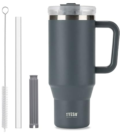 Kaffekuppen Travel Mug med handtag, 40oz tumbler med låsbart lock, rostfritt stål vakuumisisolerad vattenflaska med halm, läcksäker och bärbar resekopp för varma och kalla drycker (grå)