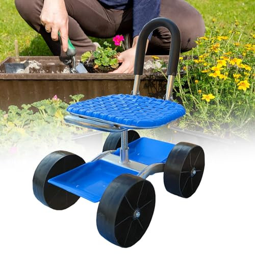 360° drehbarer Gartensitz mit Rädern und Stauraum, Gartenwagen mit Sitz, höhenverstellbarer Garten-Rollhocker, Roller, Gartenhelfer, schützt die Taille, Garten-Arbeitssitz (4 Räder)