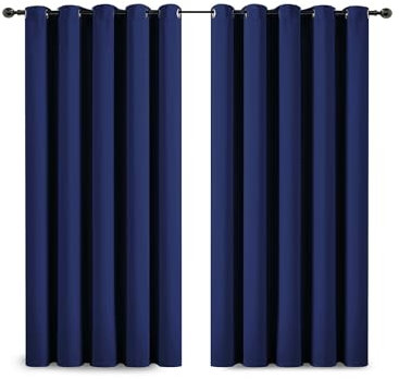 Yorkshire Bedding Eyelet Blackout Curtain 46 x 54 Inch Bedroom Thermal Insulated Navy Curtains for Bedroom Privacy Panels + 2 Tiebacks