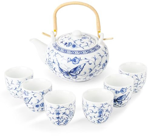 fanquare Service à Thé Bleu et Blanc Théière à Fleurs et Papillons avec Infuseur Service de Théières Chinoises pour Adultes Cadeaux, Une Théière avec 6 Tasses