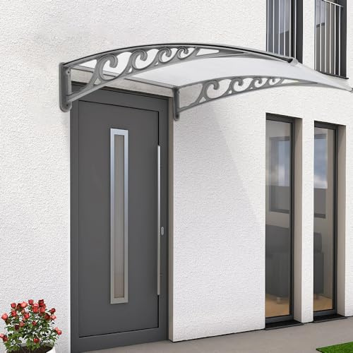 HUOLE Protection Contre Pluie et UV, Auvent de Porte d'entrée en Aluminium et Polycarbonate - Auvent Marquise Aluminium pour Terrasse Balcon Patio-100 * 150cm-gris + Blanc