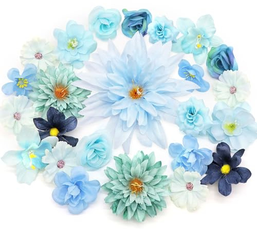 MOTONG 30 Stück Kunstblumen zum Basteln Künstlich Blütenköpfe, Künstliche Blumen Seidenblumen for Home Decor Brautstrauß Deko Blumen Blaue deko Hochzeitsdeko Tisch Party Valentinstag