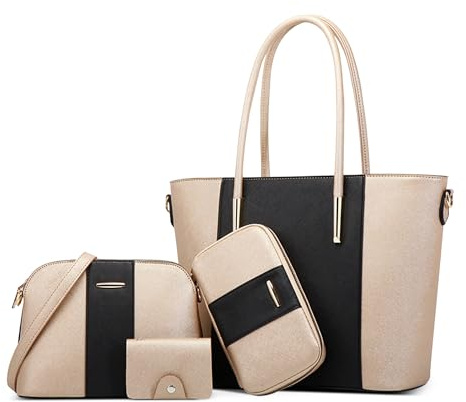 DORRISO Mehrzweck Damen Handtaschen 4 Teiliges Set Elegante Handtaschen Set Umhängetasche Clutchbag Karteninhaber Reisen Schultertasche für Büro Urlaub PU Leder Schwarz Gold