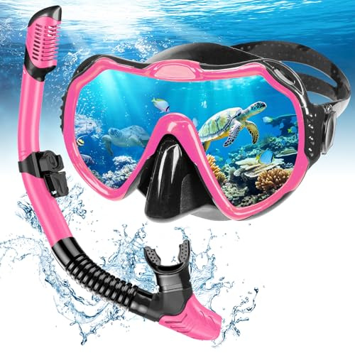 Mengine Schnorchelset Erwachsene, Dry Schnorcheln Set mit Schnorchel und Taucherbrille, Anti-Fog&Anti-Leck wasserdichte Tauchmaske für Erwachsene(Pink)
