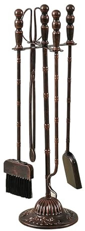 Juego de 5 Piezas para Chimenea de Hierro Fundido, Incluye Escoba, Pala, Base, Pinzas y atizador, Accesorios para Estufa de leña y carbón, para fogón de Interior y Exterior (marrón)