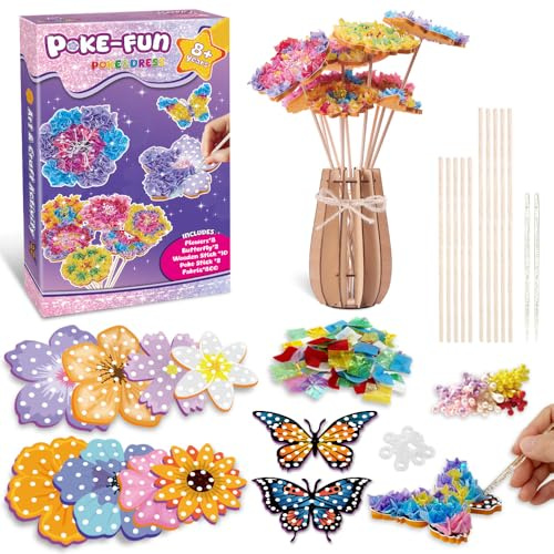 FORESTDREAM Blumen Poke Art Bastelset, DIY Blumenstrauß Basteln mit 8 Blumen und 2 Schmetterlingen, Kreatives Bastelset ohne Kleber mit Stoffstreifen und Poke Board, Geschenk für Kinder