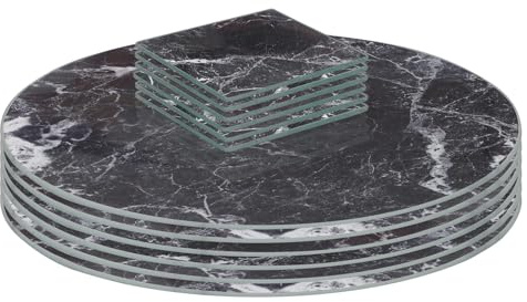 Harbour Housewares 12pc Glass Placemats & Coasters Set - 30 | Black Marble Round Tempered Heat-Resistant Non-Slip Place Mat & Square Coasters Set Indoor Home Kitchen Table Plate Place Mat