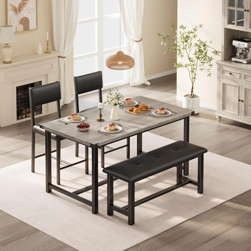 Matgrupp 4, köksbord med bänkar och 2 vadderade stolar, köksbord i trä för matsal och kök, lägenhet, robust ram, grå, 113 x 70 x 75 cm