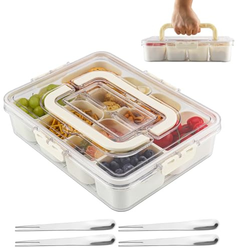 Zosenyer Snackbox mit 8 Fächern, Snackdose mit Fächern Kinder mit 4 Gabeln aus Edelstahl, Quadratische Snackschale Kann für Obst, Süßigkeiten, Kekse, Nüsse, Geeignet für Picknickpartys