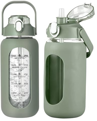 HoveeLuty Bouteille d'eau de 64 oz avec paille Bouteilles d'eau en verre avec marqueur de temps et manchon en silicone Bouteille sport motivante pour le bureau l'école à boire en verre vert