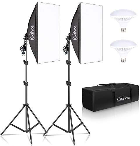 Bonnlo Kit de luz Softbox para Estudio fotográfico, Softbox de 50 x 70 cm con Base E27 y 2 Bombillas LED 5500K, trípodes de Aluminio Ajustables en Altura, Incluye Bolsa de Transporte