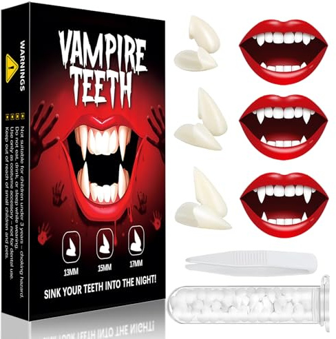 Vampir Zähne für Halloween,Vampirzähne mit 3 Größen (13mm, 15mm, 17mm), Zahngel & Pinzette,Vampire Teeth Fangs für Erwachsene & Kinder,Vampirzähne Realistisch für Schminke Cosplay Kostüm Horror Party