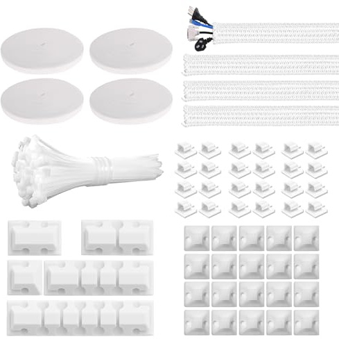 244PCS Cable Management Kit Cord Management 3 Cable Sleeve, 32 Cable Clips, 5 Silicone Cord Holder, 4 Roll Self Adhesive Tie, 100 Self Adhesive Base, 100 Wire Fastening Ties for TV PC Computer