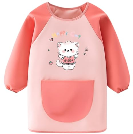 BAUCH Bata Escolar Niña 1 Pieza Delantal de Pintura para Niños Happy Cat Rosa Talla 120（Para usar durante la pintura, para niños）