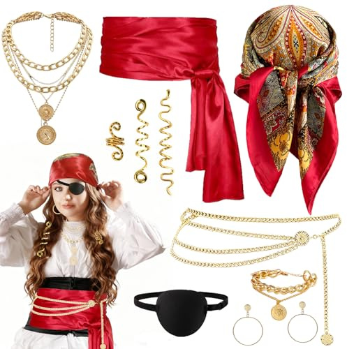 AUNGKWANG Piratenkostüm Zubehör Set, Mittelalter Pirate Herren, Kostüm Halloween Damen Costume, Piraten Augenmaske für Halloween Karneval Cosplay Party