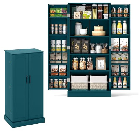 KOMFOTTEU Vorratsschrank mit Doppeltür, Aufbewahrungsschrank mit verstellbaren Einlegeböden, Mehrzweckschrank Süßigkeitenschrank, Küchenanrichte für Esszimmer, 60x40x120 cm (Grün)