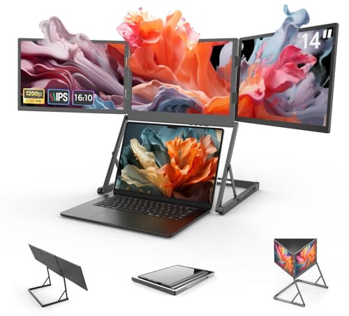 Triple Laptop Screen Extender 14 Inch 1200P FHD 3 Monitor Quad Portable Screen Extender for Laptops Compatible with Windows/Mac (M1 M2 M3 M4 M5 Linux Ubuntu Chrome OS)