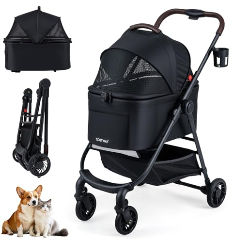 COSTWAY Carrito para Perros 3 en 1, Cochecito para Perros Plegable con Transportín Desmontable, Toldo de Malla Ajustable, Cesta, Portavasos, Carro para Perro, Gato, Carga 15 kg, 76x53x100 cm (Negro)