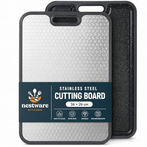 Nestware Kitchen Stainless Steel Chopping Board, 304 Food Grade, Double Sided, Large 36cm x 26cm, Easy to Clean