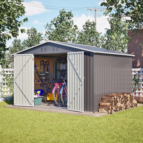 ECLIVON Metall Gerätehaus,Outdoor Gartenhaus mit Satteldach Belüftung,XXXL | Für Garten, Geräteschuppen mit Satteldach & 2 Türen, Gartenmöbel Wetterfest Wasserdicht für Terrasse, 300x252x191 cm, Grau