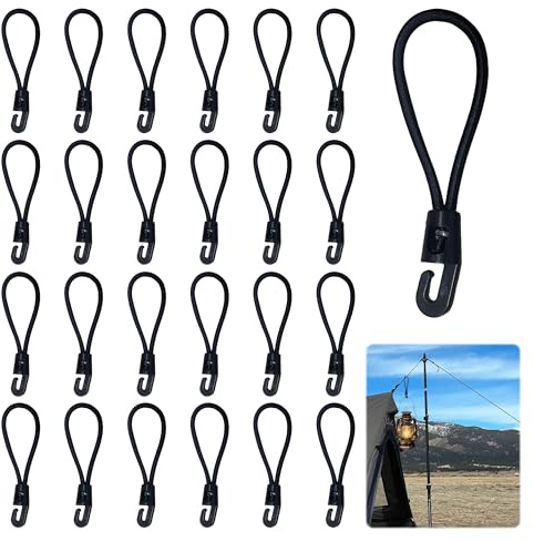25PCS Small Bungee Cords with Hooks,10cm Multi-Purpose Elastic Straps with Hooks,Bungee Cords with Hooks,Rubber Elastic Tie-Downs for Tarpaulins,Tents & Camping (Black)