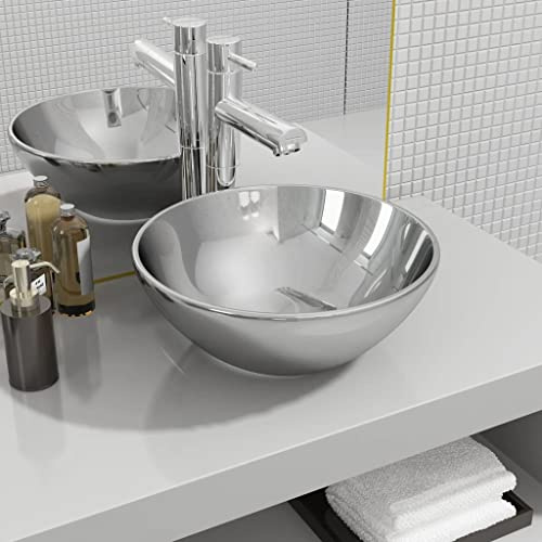 Lavabo rotondo in ceramica, 32,5 x 14 cm, colore argento lucido, lavabi da appoggio per bagno, WC per gli ospiti, design moderno e compatto
