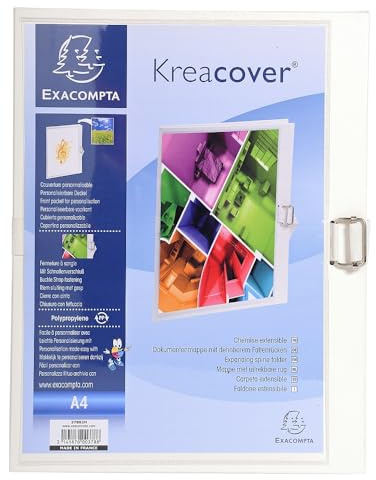 Exacompta 37802E Aktenmappe KreCover mit dehnbarem RückenDIN A4 weiß mit Verschlussschnalle und Klarsichtfenster am Vorderdeckel ideale Präsentationsmappe