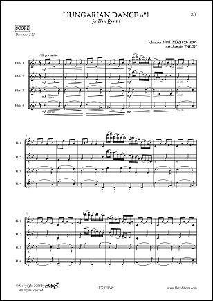 CLASSICAL SHEET MUSIC - Hungarian Dance No. 1 - J. BRAHMS - Flute Quartet