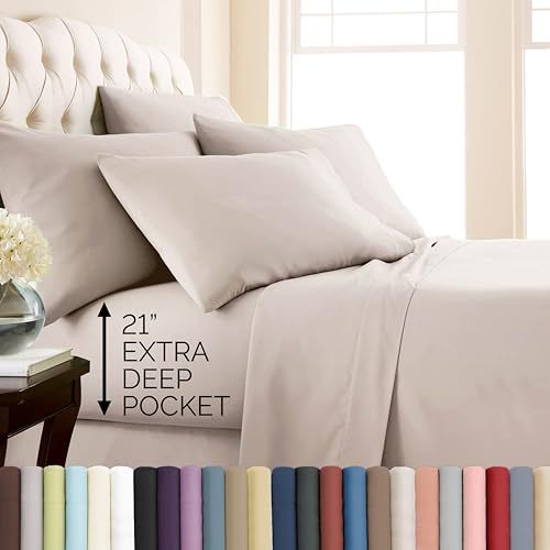 Southshore Fine Living, Inc. 6 Piece 21 Inch Extra Deep Pocket Queen Sheets Set, Microfiber Queen Sheets Deep Pocket for Hot Sleepers, Pet Hair Resistant Bedding, Oatmeal Greige Cream - Natural Beige