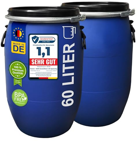 plasteo 2X 60 L Weithalsfass mit Deckel & Spannverschluss - Blau | Lebensmittelfass, Futtertonne, Regentonne, Lagerfass - HDPE, stapelbar, IKG-Gütezeichen, 400 mm Ø, 628 mm Höhe