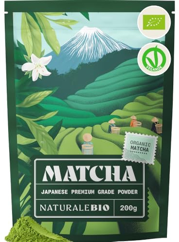 NaturaleBio Tè Verde Matcha Biologico in Polvere 200g. Grado Premium. The Matcha Prodotto in Giappone. Ideale da Bere, per i Dolci, Frullati, Tè freddo, nel Latte e come ingrediente