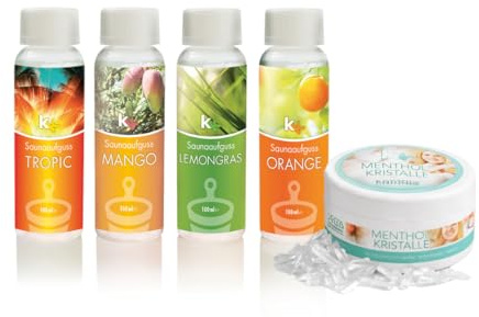 KK Hygiene Saunaaufguss Set „Karibik“ 4 x 100 ml (Tropic, Mango, Lemongras & Orange) + 50 g Mentholkristalle – Exotisch-frisches Saunaduft Geschenkset für finnische Sauna & Dampfbad