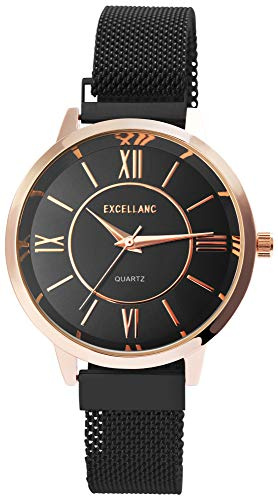 Excellanc Damen-Uhr Milanaisearmband Edelstahl Magnetverschluss Quarz Analog 1300032 (schwarz)