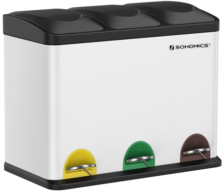 SONGMICS Mülleimer für die Küche, Treteimer mit 3 Fächern, 3 x 15 Liter | Abfalleimer Mülltrennsystem, mit Inneneimern, Aufklebern und Müllbeuteln, Mattweiss-Tintenschwarz, ISLAND Kollektion LTB45W