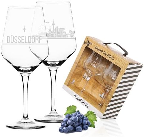 2er Set Weinglas Düsseldorf in schöner Geschenkbox | Hochwertiger Siebdruck im eleganten Ätzweiß, detaillierter als Gravur | Geschenkidee für Muttertag, Vatertag, Geburtstag | MADE IN GERMANY