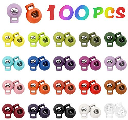 100 Pcs Kunststoff Kordelstopper Rund，1.5 * 1.9cm Kordel Verschluss Kordelklemme Cord Lock mit 20 Farbe für Kordelzug Rucksack Bastelbedarf Seile Bekleid Zelte SeilSchnür Sportbekleidung Schnürsenkel