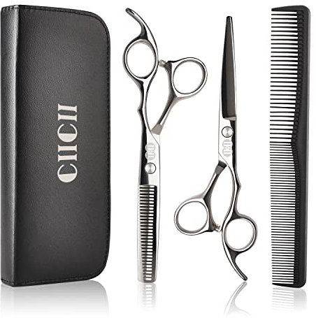 CIICII Forbici Parrucchiere Professionali, 8Pcs Kit Forbici per Capelli (6,7 Pollici/Argento) & Forbici Sfoltire & Pettine Capelli per Taglio di Capelli da Fai da te/Casa/Barbiere