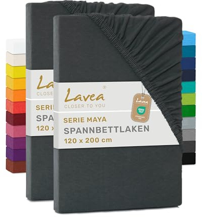 Lavea® 2er Pack Jersey Spannbettlaken 120x200cm – Anthrazit | 100% Baumwolle – Weiches Bettlaken für Matratzen bis 20 cm Höhe – Formstabil und Langlebig