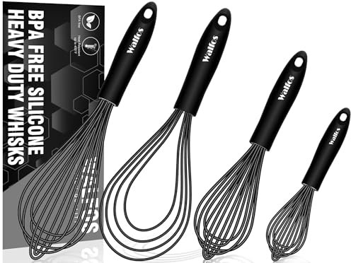 Walfos Whisk Silicone Whisks set, Non Scatch Coated Whisks for Cooking and Baking, Heavy Duty Set of 4 Kitchen Whisk - 11'' Flat Wisk and 7''+10''+12'' Balloon.