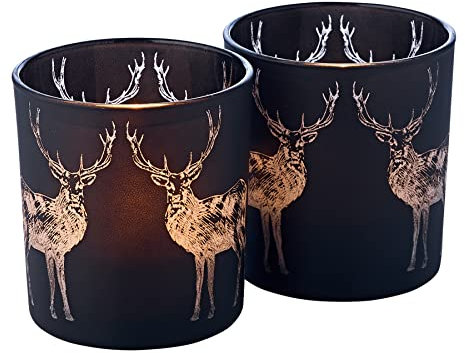 EDZARD 2 Stück Teelichtglas Tiu, Höhe 8 cm, Durchmesser 7,5 cm, matt schwarz, Hirsch-Motiv - Teelichthalter, Windlicht, Kerzenhalter, Glas für Teelicht, Tischdeko, Wohnzimmer Deko