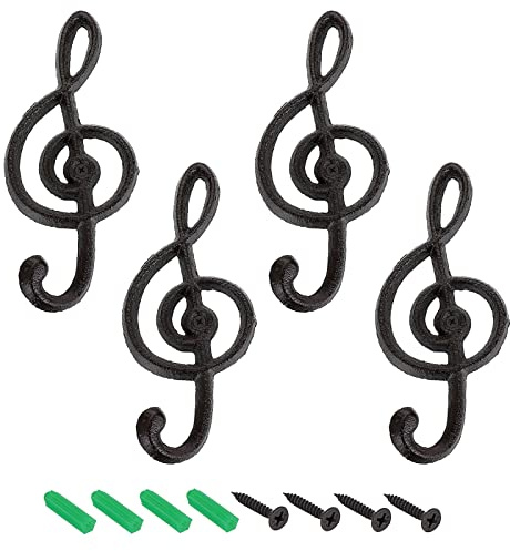 JUXYES 4 Stück Wandhaken mit Musiknoten, Vintage, dekorativer Haken mit Schrauben, Gusseisen, strapazierfähig, Wandgaragenhaken, Musiknoten, Retro-Wandhaken, Mäntel, Taschen und Tücher