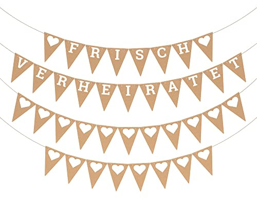 ecooe Vintage Frisch Verheiratet Banner Just Married Girlande Dekoration für Hochzeit Brautdusche romantische Wimpelkette Hochzeit Deko mit 19Stk Buchstaben, 21Stk kleiner Herzen und 2Stk 3M Jute Seil